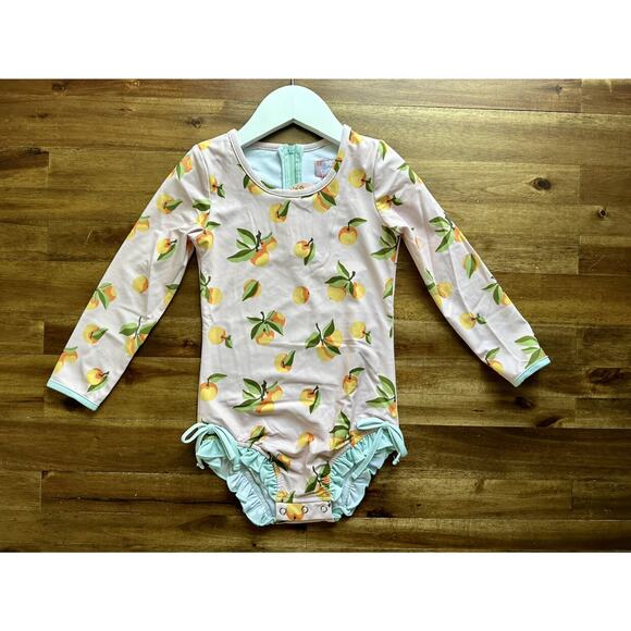 NWT SweetHoney Long Sleeve Rash Guard Savannah Pink Green Peaches Ruffle Preppy - Picture 2 of 6